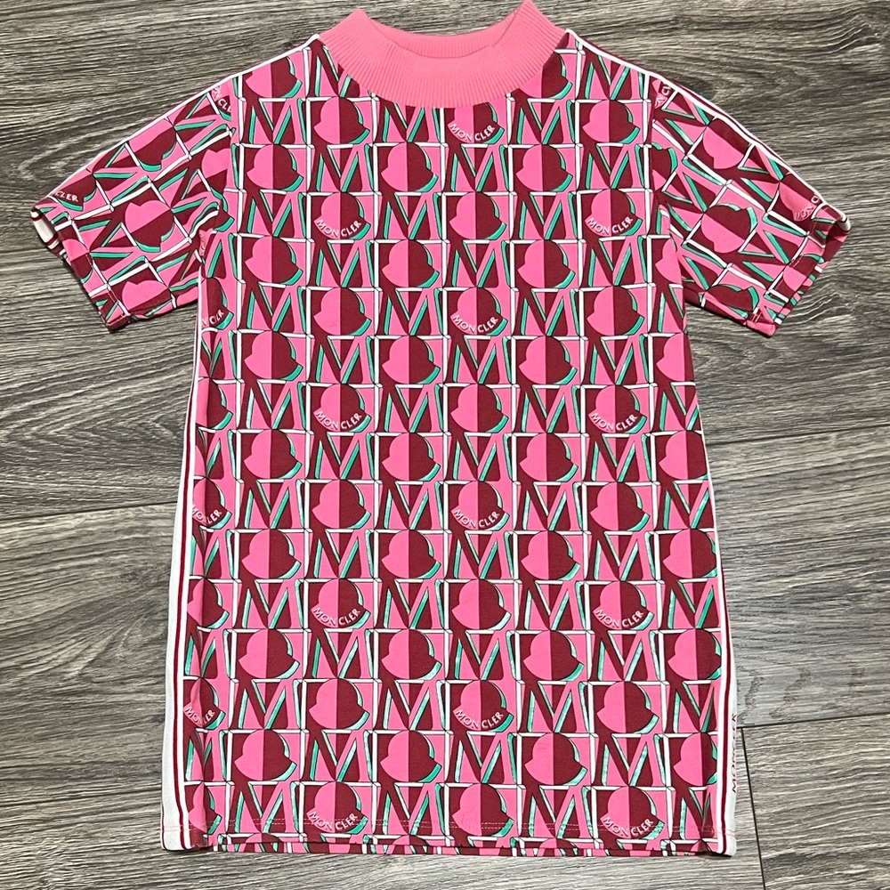 Moncler Pink Graphic Logo Tee Dress with Green and White Accents